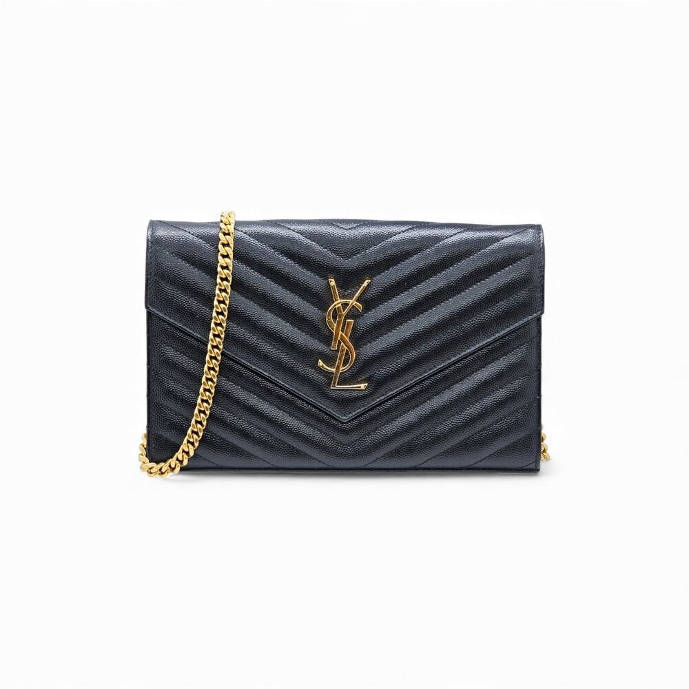 Saint Laurent Monogram Grain De Poudre Leather Wallet On Chain WOC Bag Black GHW